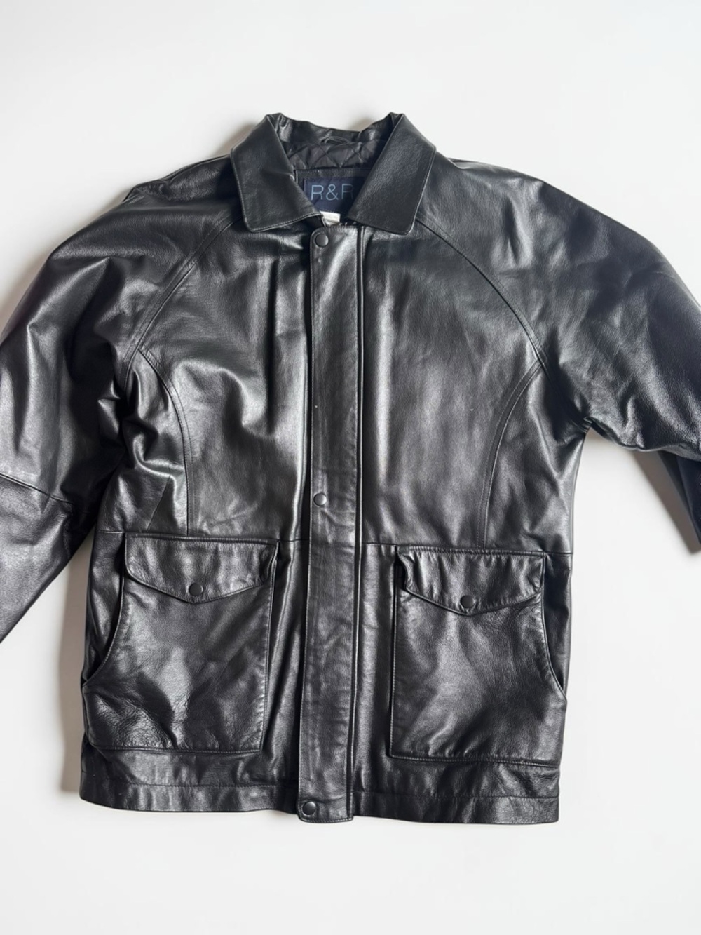 Mens Leather Jacket Medium Black Minimalist Car Coat Genuine Leather